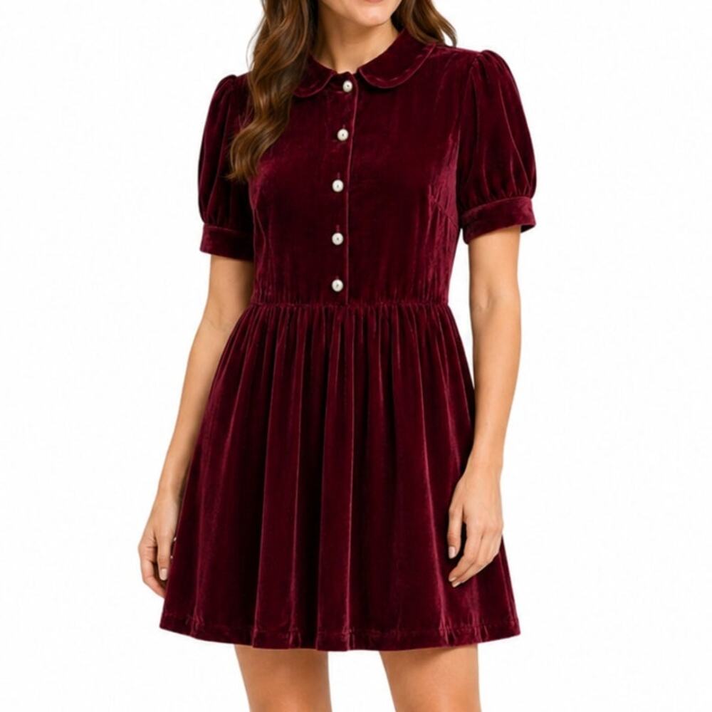 NWT ModCloth Velvet Peter Pan Collar Dress Size 10 Burgundy Pearl Button